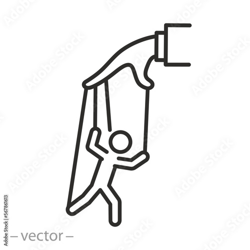 hand controlling puppet icon, manipulation puppeteer authority, social influence, thin line symbol on white background - editable stroke vector illustration eps10