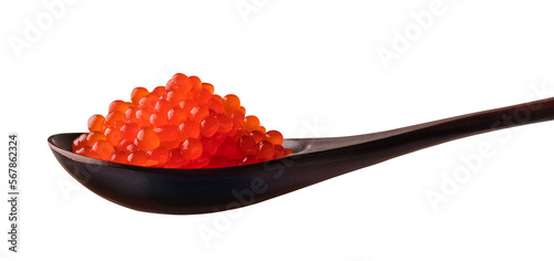 A hill of red salmon caviar in a large wooden spoon on a transparent background. isolated object