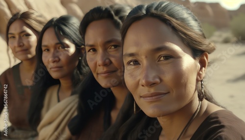 Group of beautiful attractive indigenous Native American women looking at the camera. Generative AI