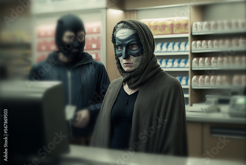 disturbing scene of adult woman working at supermarket checkout with robber in background. Generative AI