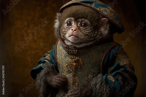 Created with Generative AI technology. portrait of a pygmy marmoset in renaissance clothing