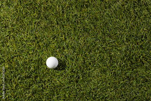 High angle view of white golf ball and copy space on grass with copy space