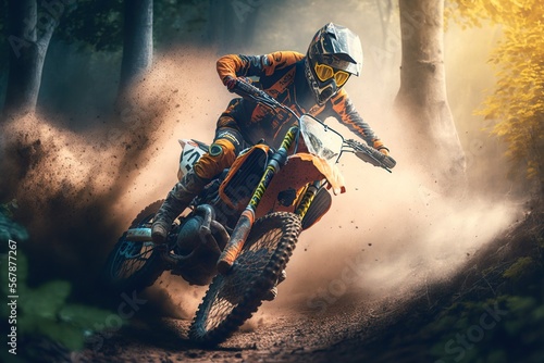 Extreme Motocross MX Rider riding on dirt track ,forest one the background ,Generative ai