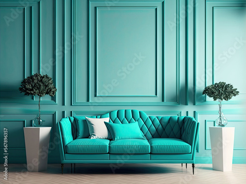 Сhic luxury living room with bright color of tiffany or turquoise, teal, azure. Minimalist style interior design lounge space. Empty mockup wall for art. Mint couch and paint wall. Generative AI