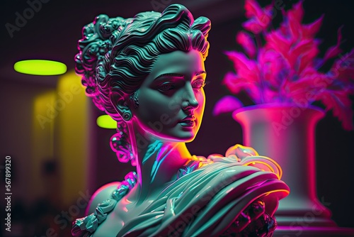 Sculpture of an abstract greek deity, done in the colors and style of vaporwave-era city pop art. Generative AI.