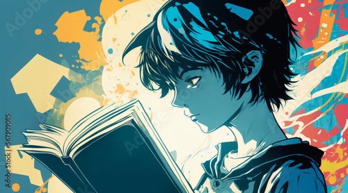 Illustration of happy boy reading a book. Japanese anime or manga style illustration of a teenager reading a novel. Drawing with lights and shadows. Handsome guy. Generative ai.