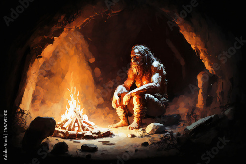 Caveman around the fire - Created with Generative AI technology. 