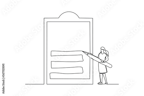 Continuous single one line drawing art of business woman holding big pencil and big clip board of checklist paper. Vector illustration of complete task list successful.