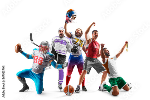 Sport winners. Sport collage of professional athletes. Football, hockey, basketball, soccer. Sport emotion