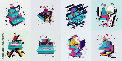 Collection of 8 illustrations of a female typist character, minimal flat vector style made with Generative AI 