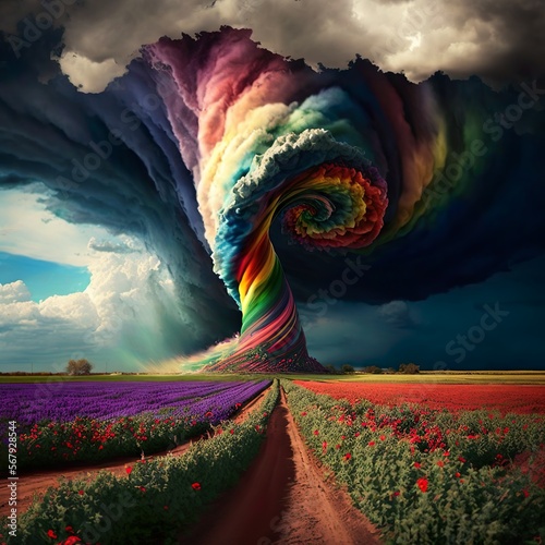 rainbow tornado in field of flowers
