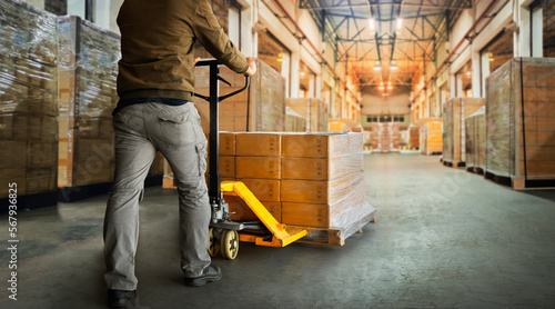 Workers Unloading Package Boxes in Warehouse. Shipment Boxes, Pallet Jack Loader, Deliver Parcels Boxes to Customers. Supply Chain Goods, Distribution Supplies Warehouse Shipping
