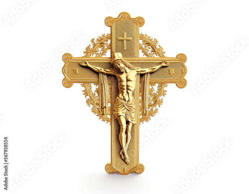 Golden crucifix cross with Jesus isolated on white. Generative AI