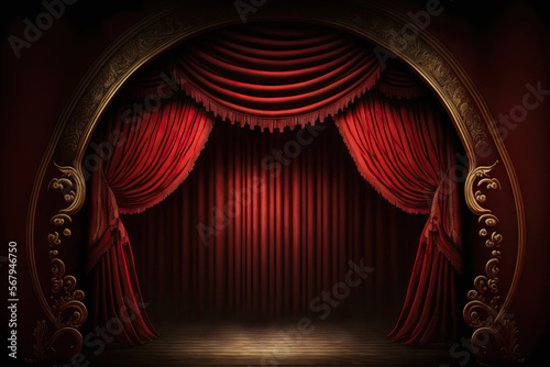 Red curtains for the magic theater stage Display Spotlight. Generative AI