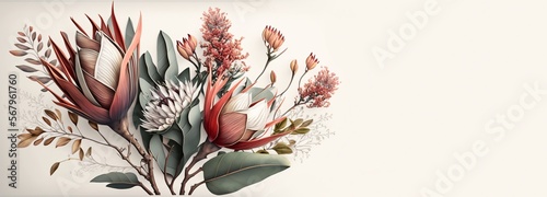White protea in contemporary Boho style. Exotic flowers on a creamy background. Copy space. Generative AI.