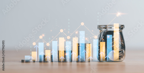 Glass jars and stacks of silver coins,profit growth graph,progressive ideas for improving financial and investment results,Interest rate data analysis, balance sheet, net profit account