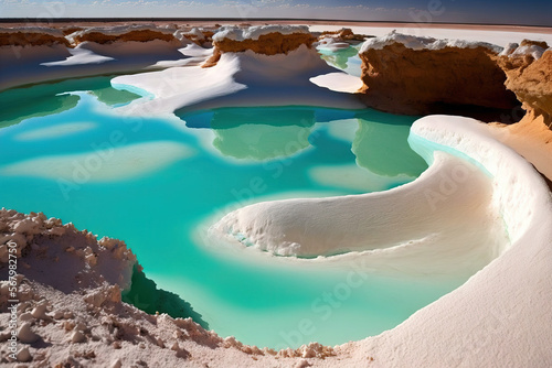 Desert has a natural saltwater lake. Siwa, Egypt's Oasis Egypt has a number of tourist attractions. a close up of white salt and turquoise water. Generative AI