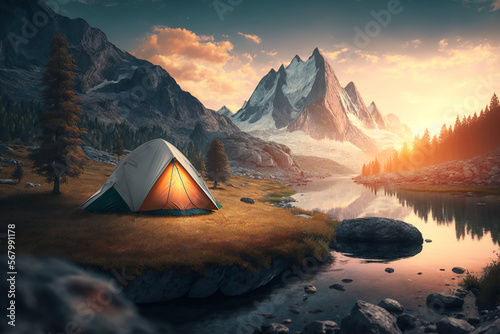 tent and in the background a mountain and a river, summer sunrise. Ai generated art