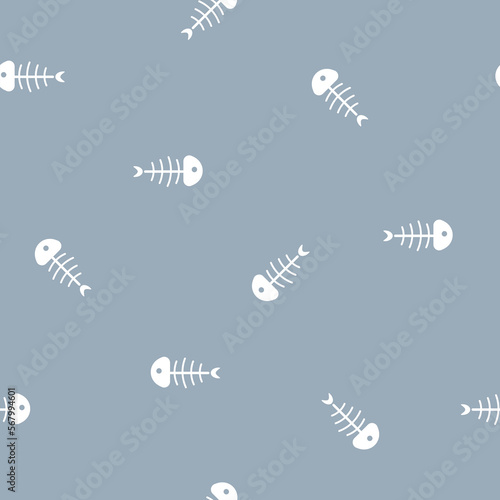 seamless minimal cute, sweet, pastel fish bone repeat pattern in blue background flat vector illustration design