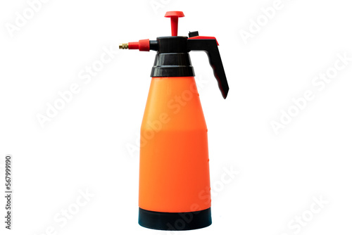 Hand sprayer bottle on isolated white background with copy space