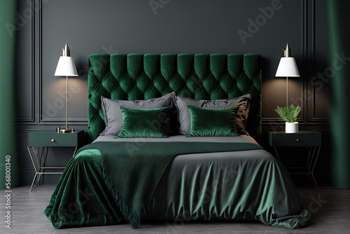 Bedroom in trend dark color green emerald and gray black. A bright empty background wall and a grey velor bed. Modern luxury interior design home or hotel apartment and rich furniture. Generative AI