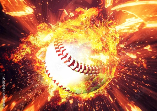 爆発して燃え上がる野球ボールの3dイラスト