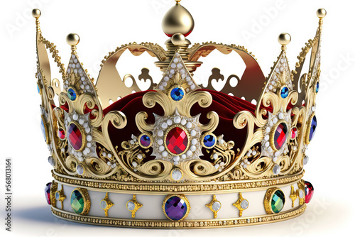 Jewels and gold Crown of the king or queen, isolated on white. Generative AI