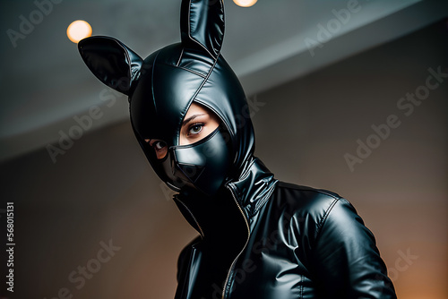 Woman dressed in latex leather suit and bunny mask for adult bdsm games. Generative AI