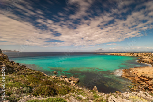 Panoramic view of Cala Rossa bay, Favignana island IT