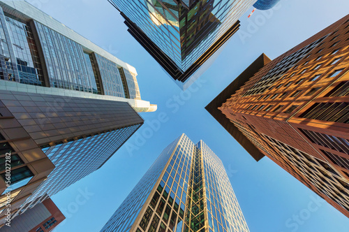 Looking up at skyscrapers in the banking district of Frankfurt