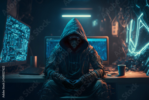 Cyber-security hacker with a hoodie hiding face -computer technology background wallpaper created with a Generative AI technology 