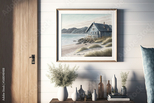 mock up frame with a warm coastal home interior as a backdrop,. Generative AI