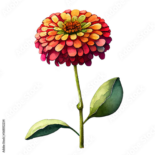 Lovely zinnia flower in vivid colors. Watercolor illustration created with Generative Ai technology
