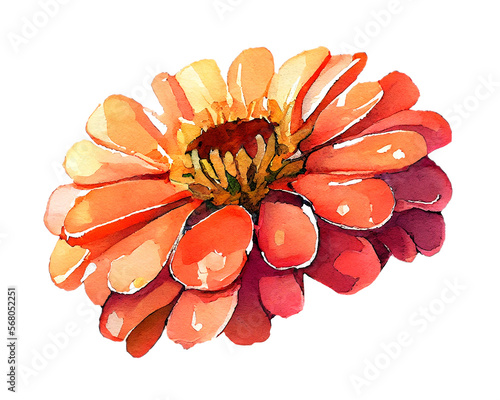 Lovely zinnia flower bud in vivid colors. Watercolor illustration created with Generative Ai technology