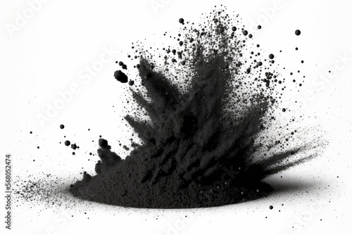 Black coal dust with particles isolated on a textureless white background. Generative AI