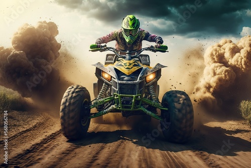 ATV Extreme quad cross MX Rider riding on Sand track ,desert one the background 