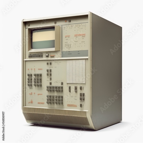 Detailed illustration of an outdated retro vintage mainframe computer isolated on a white background, generative ai