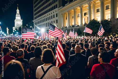 People crowded into the street in the USA and hold american flags. Generative AI
