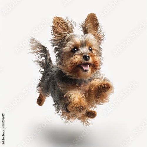  a small dog is flying through the air with its paws in the air and it's eyes open and it's mouth wide open. generative ai