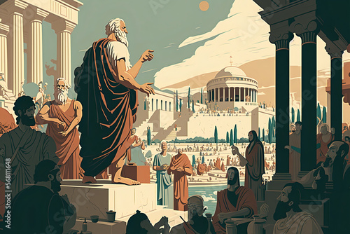 the trial of Socrates in the agora, as depicted by Plato. It shows the philosopher standing in front of a group of judges and citizens, with an expression of calm and wisdom. Generative AI.
