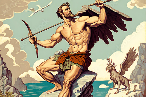 The illustration depicts Hercules in the midst of expelling the birds from the lake of Stymphalus. He is shown holding a bow and arrow, ready to aim at the birds flying overhead. Generative AI.