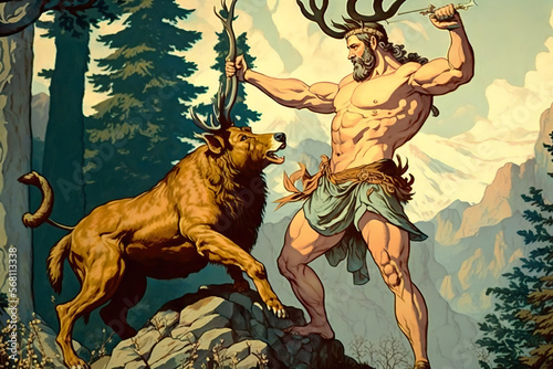 Hercules capturing the Stag of Ceryneia, the fourth of his twelve labors. Hercules is shown holding onto the stag's antlers, as the stag tries to escape. Generative AI.