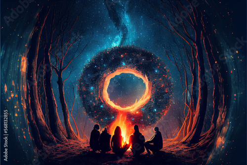 spiritual gathering of people at shamanic sacred ritual healing energy in forest at night. Diverse people enjoy spiritual gathering. People stay around the campfire. People stay around the fire at