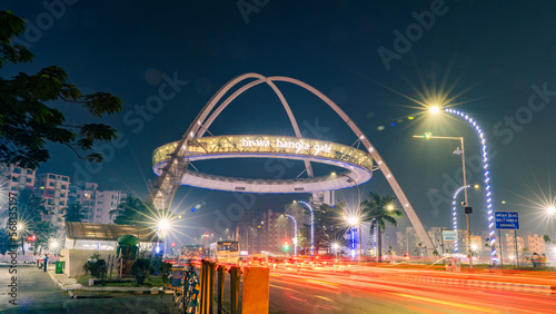 Biswa Bangla Gate located in Kolkata, West Bengal, India, Night view of a beautiful hanging restaurant