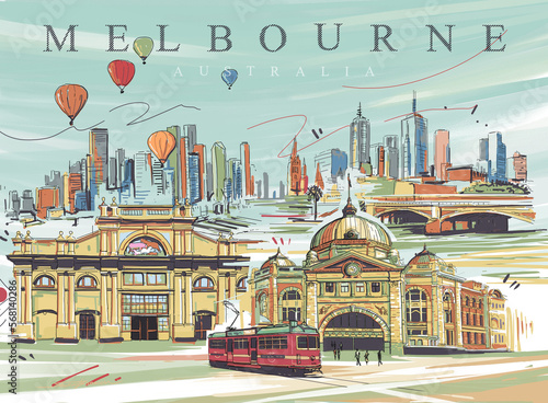 Digital illustration of iconic places in Melbourne.