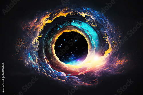 Magical fantasy black hole portal in the space with colorful nebula, Generative AI