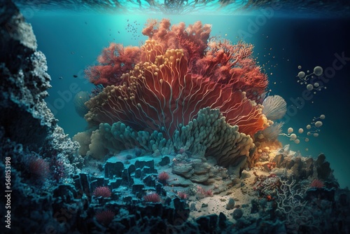 an underwater scene of corals and sea anemones on a coral reef in the blue water of the ocean with sunlight coming through the water. generative ai