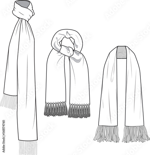 Unisex Scarf Set. Technical fashion scarf illustration. Flat apparel scarf template white color. Unisex CAD mock-up.