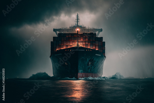 A loaded container cargo ship is seen in the front in stormy weather. Generative AI