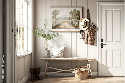 Hallway in a farmhouse with white and beige colors. Coat rack with wooden bench. glass front door, vintage style decor,. Generative AI